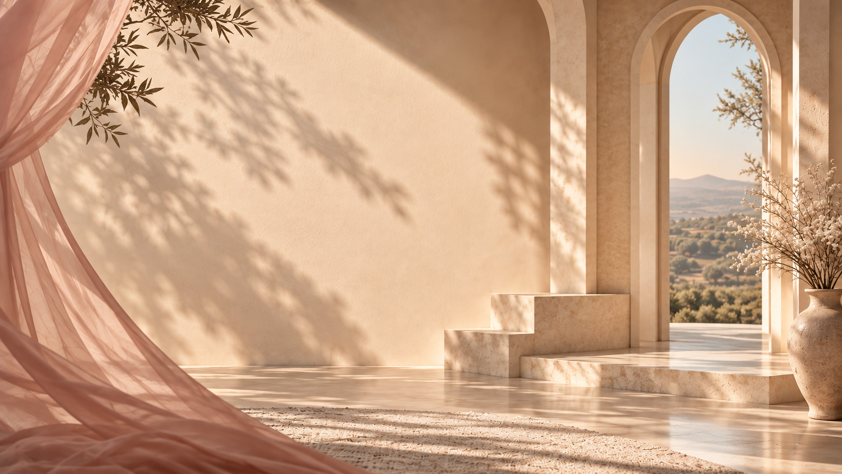 Sunlit arched interior with soft rose drapery for SALIHAAT